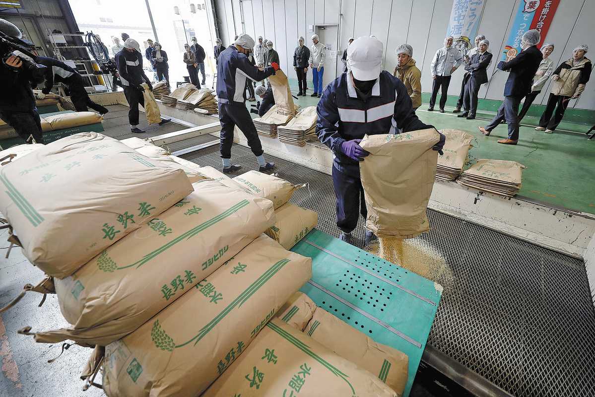 Workers unload bags containing emergency rice reserves at a rice mill in Saitama Prefecture on March 18. 