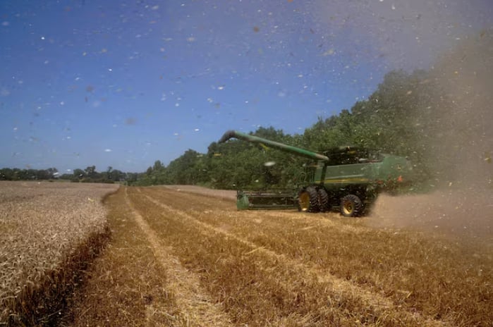 A John Deere combine harvests winter wheat near Skedee, Oklahoma, U.S. June 13, 2024.