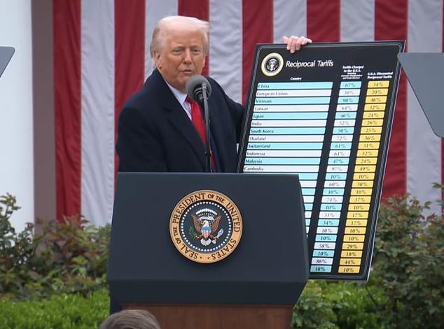President Donald Trump holds up a list of countries, their average tariffs and a new line of reciprocal tariffs he announced for trading partners. Trump said he would protect farmers and open up new markets for agricultural products, but his main goal is to stimulate domestic manufacturing jobs. 