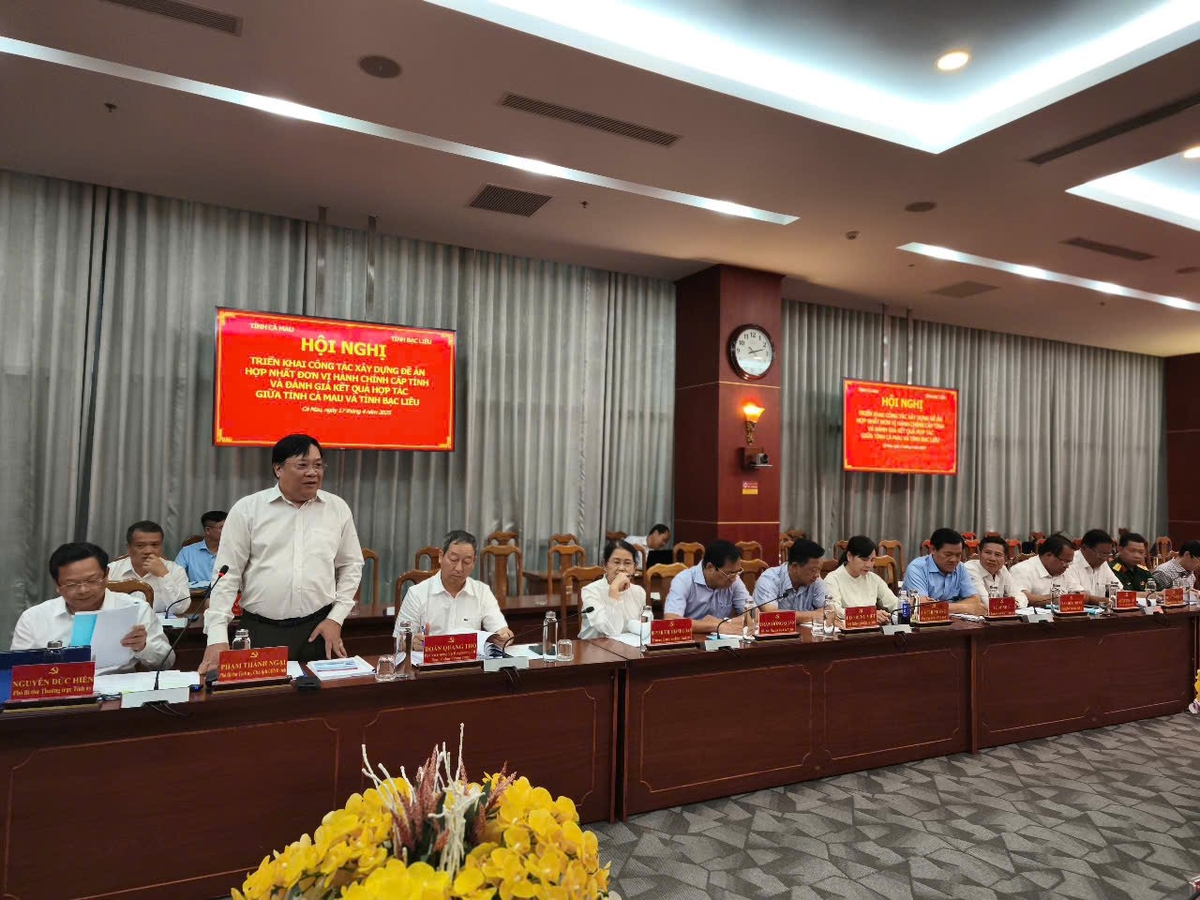 Chủ tịch UBND tỉnh Cà Mau Phạm Thành Ngại trình bày phương án sắp xếp các đơn vị hành chính tỉnh Cà Mau. Ảnh: Trọng Linh.