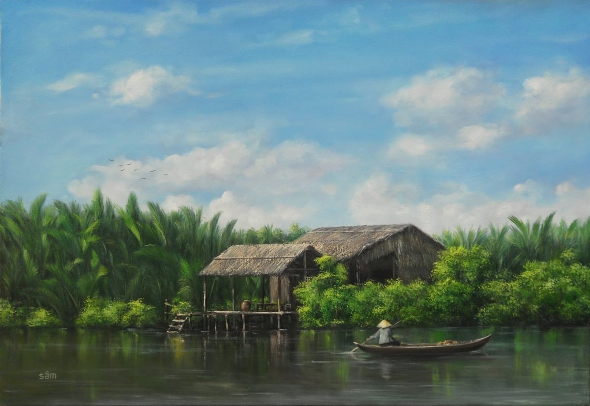 Sông nước miền Tây Nam bộ. Tranh sơn dầu của Lê Sâm. Sông nước miền Tây Nam bộ. Tranh sơn dầu của Lê Sâm.
