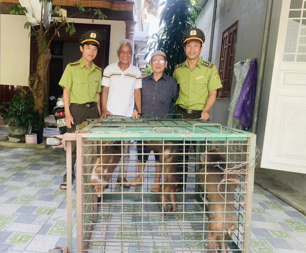 Người dân cùng lúc bàn giao 3 cá thể khỉ mặt đỏ quý hiếm. Ảnh: K.L. Người dân cùng lúc bàn giao 3 cá thể khỉ mặt đỏ quý hiếm. Ảnh: K.L.