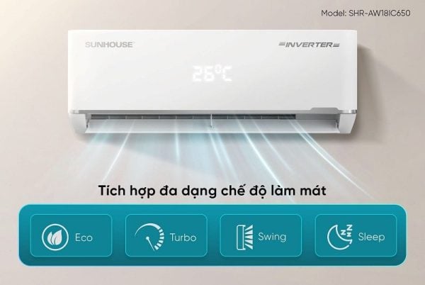 Máy lạnh Sunhouse tiết kiệm lên đến 60% điện năng tiêu thụ nhờ công nghệ Inverter Turbo sử dụng động cơ không chổi than BLDC. Ảnh: Sunhouse. Máy lạnh Sunhouse tiết kiệm lên đến 60% điện năng tiêu thụ nhờ công nghệ Inverter Turbo sử dụng động cơ không chổi than BLDC. Ảnh: Sunhouse.