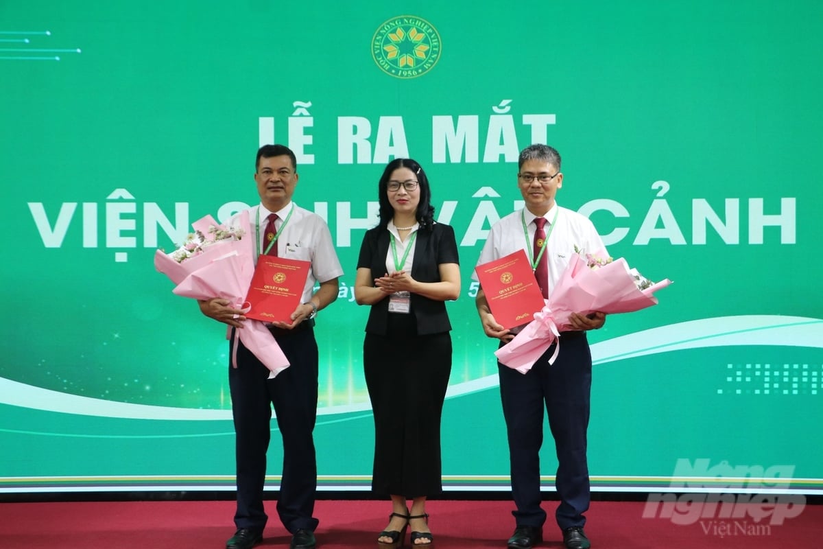 GS.TS Nguyễn Thị Lan, Giám đốc Học viện Nông nghiệp Việt Nam trao quyết định thành lập Viện Sinh vật cảnh. Ảnh: Hưng Giang. GS.TS Nguyễn Thị Lan, Giám đốc Học viện Nông nghiệp Việt Nam trao quyết định thành lập Viện Sinh vật cảnh. Ảnh: Hưng Giang.