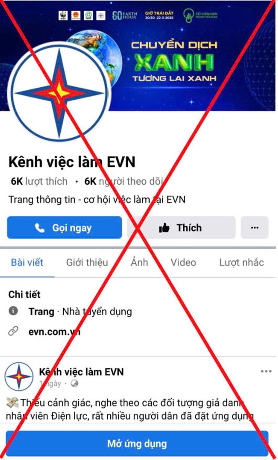 Hình ảnh Fanpage giả mạo thương hiệu EVN. Ảnh: EVN. Hình ảnh Fanpage giả mạo thương hiệu EVN. Ảnh: EVN.