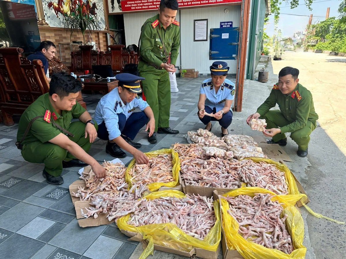 Số chân gà, đuôi lợn không có giấy tờ nguồn gốc được cơ quan chức năng phát hiện. Ảnh: Bùi Chung. Số chân gà, đuôi lợn không có giấy tờ nguồn gốc được cơ quan chức năng phát hiện. Ảnh: Bùi Chung.