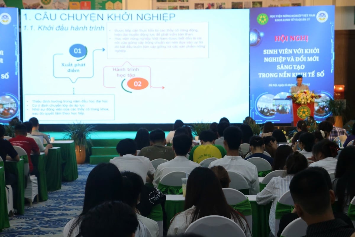 Các sinh viên Học viện Nông nghiệp Việt Nam lắng nghe chia sẻ về khởi nghiệp và đổi mới sáng tạo từ các diễn giả. Ảnh: Hưng Giang Các sinh viên Học viện Nông nghiệp Việt Nam lắng nghe chia sẻ về khởi nghiệp và đổi mới sáng tạo từ các diễn giả. Ảnh: Hưng Giang