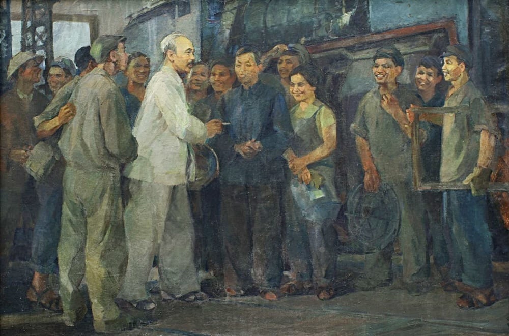 Tranh sơn dầu 'Bác Hồ với công nhân nhà máy xe lửa Gia Lâm' của tác giả Phạm Lung, sáng tác năm 1979. Ảnh: Báo Văn Hóa. Tranh sơn dầu 'Bác Hồ với công nhân nhà máy xe lửa Gia Lâm' của tác giả Phạm Lung, sáng tác năm 1979. Ảnh: Báo Văn Hóa.