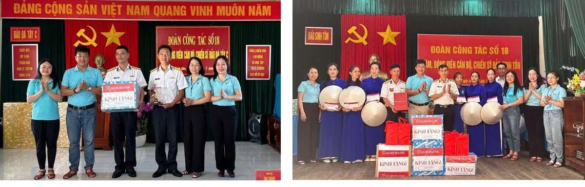 Đoàn công tác Agribank thăm và động viên cán bộ, chiến sĩ, nhân dân và các lực lượng làm nhiệm vụ ở đảo Đá Tây C, đảo Sinh Tồn. Ảnh: N.Hương Đoàn công tác Agribank thăm và động viên cán bộ, chiến sĩ, nhân dân và các lực lượng làm nhiệm vụ ở đảo Đá Tây C, đảo Sinh Tồn. Ảnh: N.Hương