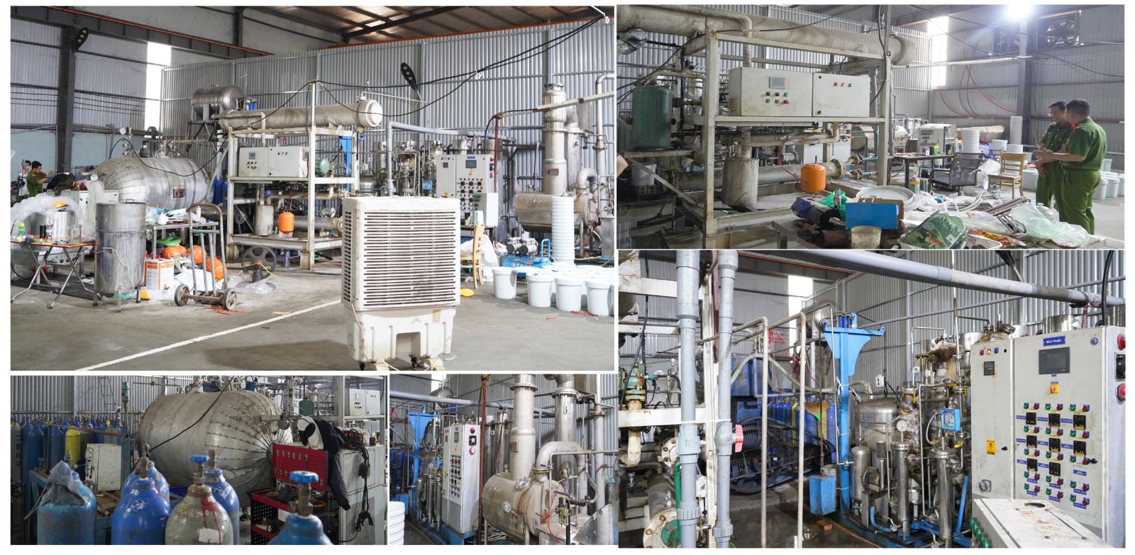 Hệ thống dây chuyền máy móc hiện đại trong đường dây sản xuất trái phép khí N2O. Ảnh: Công an tỉnh Thanh Hóa. Hệ thống dây chuyền máy móc hiện đại trong đường dây sản xuất trái phép khí N2O. Ảnh: Công an tỉnh Thanh Hóa.