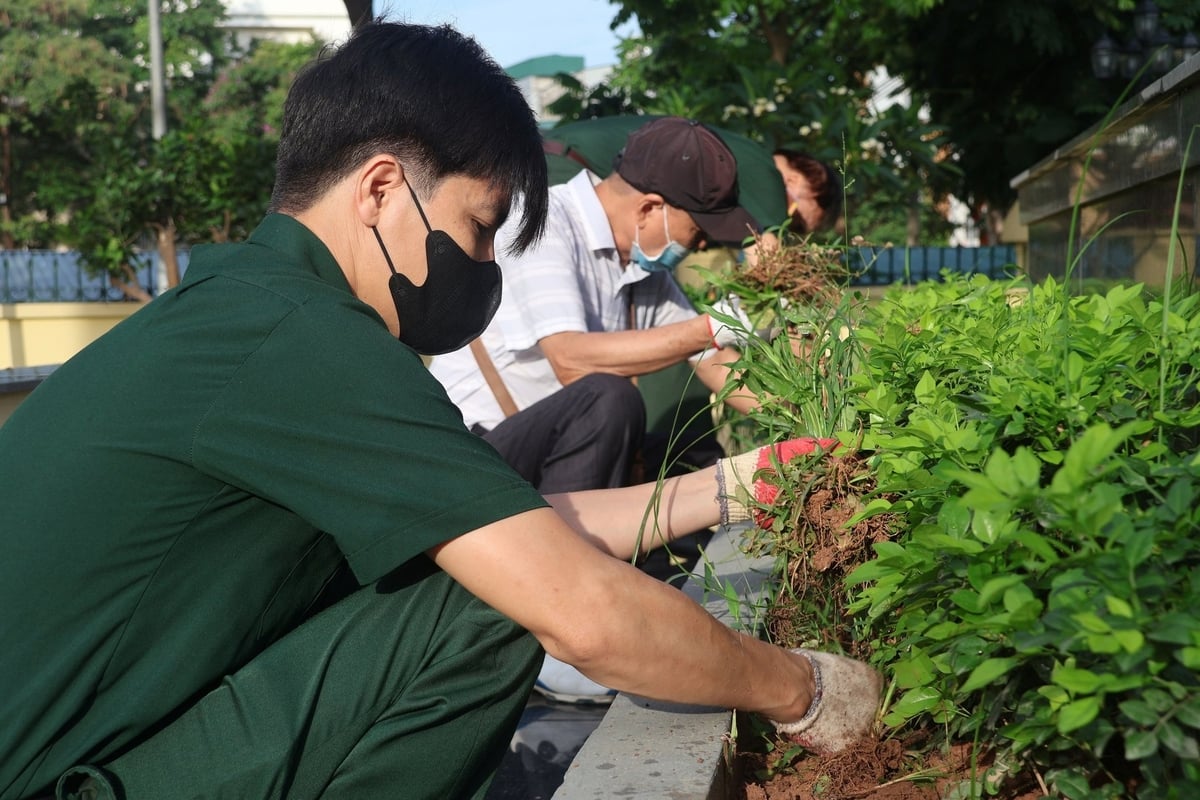 Phó Chủ tịch MTTQ phường Đại Kim Nguyễn Hoàng Phan tham gia tổng vệ sinh cùng các hội viên Hội Cựu chiến binh. Ảnh: Hoàng Hiền. Phó Chủ tịch MTTQ phường Đại Kim Nguyễn Hoàng Phan tham gia tổng vệ sinh cùng các hội viên Hội Cựu chiến binh. Ảnh: Hoàng Hiền.