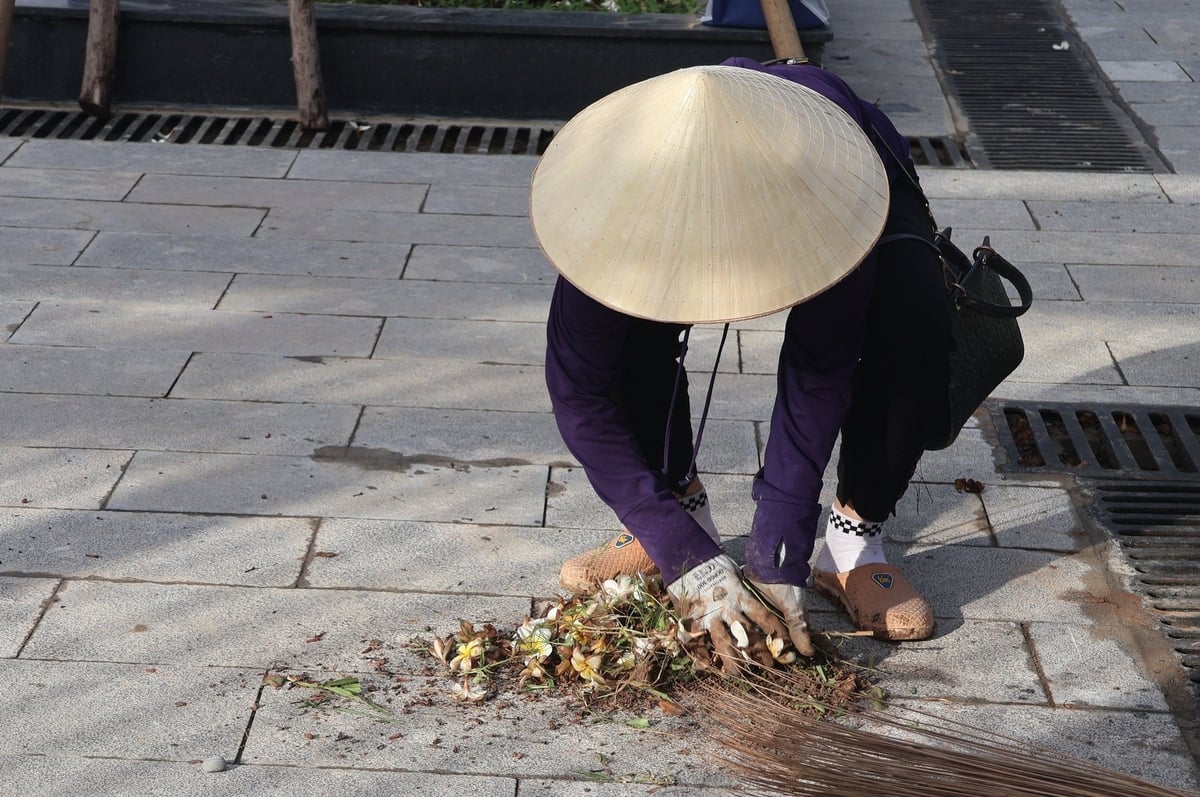 Rác ở khu vực này chủ yếu là lá cây, cành nhỏ... được quét sạch và gom vào một chỗ, sau đó bỏ vào bao tải và đem ra bãi tập kết. Ảnh: Hoàng Hiền. Rác ở khu vực này chủ yếu là lá cây, cành nhỏ... được quét sạch và gom vào một chỗ, sau đó bỏ vào bao tải và đem ra bãi tập kết. Ảnh: Hoàng Hiền.