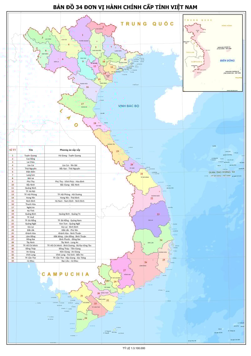 Bản đồ 34 đơn vị hành chính cấp tỉnh Việt Nam theo phương án sắp xếp đơn vị hành chính cấp tỉnh. Ảnh: Trung tâm Hạ tầng dữ liệu không gian địa lý Bản đồ 34 đơn vị hành chính cấp tỉnh Việt Nam theo phương án sắp xếp đơn vị hành chính cấp tỉnh. Ảnh: Trung tâm Hạ tầng dữ liệu không gian địa lý