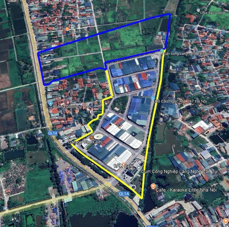 Đồ họa về việc mở rộng Cụm công nghiệp làng nghề Văn Tự. Phần màu vàng là giai đoạn 1 'đã được lấp đầy', theo báo cáo của UBND TP. Hà Nội. Phần màu xanh là diện tích mở rộng dự kiến. Ảnh: Văn Việt. Đồ họa về việc mở rộng Cụm công nghiệp làng nghề Văn Tự. Phần màu vàng là giai đoạn 1 'đã được lấp đầy', theo báo cáo của UBND TP. Hà Nội. Phần màu xanh là diện tích mở rộng dự kiến. Ảnh: Văn Việt.