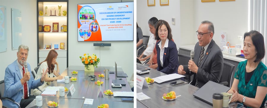 Lãnh đạo Tập đoàn Mavin và World Vision International tại Việt Nam trao đổi tại buổi ký kết. Lãnh đạo Tập đoàn Mavin và World Vision International tại Việt Nam trao đổi tại buổi ký kết.