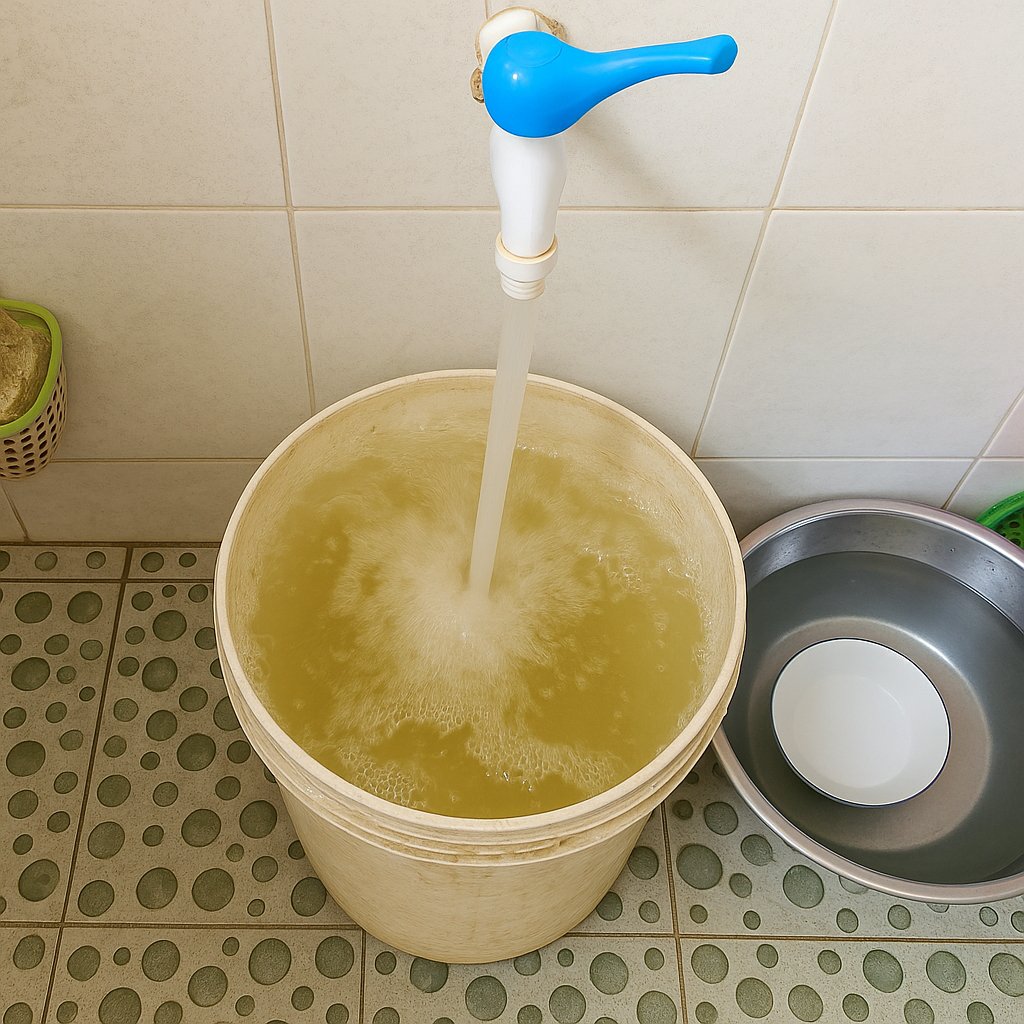 Nước sinh hoạt tại các hộ dân chuyển sang màu vàng đục, giống như nước bia. Ảnh: Người dân cung cấp. Nước sinh hoạt tại các hộ dân chuyển sang màu vàng đục, giống như nước bia. Ảnh: Người dân cung cấp.