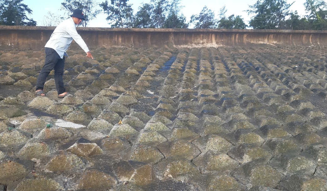 Ngành chức năng tỉnh Trà Vinh thường xuyên kiểm tra để kịp thời xử lý các sự cố sụp lún, xói lở bảo vệ an toàn cho công trình bờ kè bảo vệ đoạn xung yếu bờ biển ở xã Hiệp Thạnh, thị xã Duyên Hải trước tác động triều cường. Ảnh: Lê Hùng. Ngành chức năng tỉnh Trà Vinh thường xuyên kiểm tra để kịp thời xử lý các sự cố sụp lún, xói lở bảo vệ an toàn cho công trình bờ kè bảo vệ đoạn xung yếu bờ biển ở xã Hiệp Thạnh, thị xã Duyên Hải trước tác động triều cường. Ảnh: Lê Hùng.