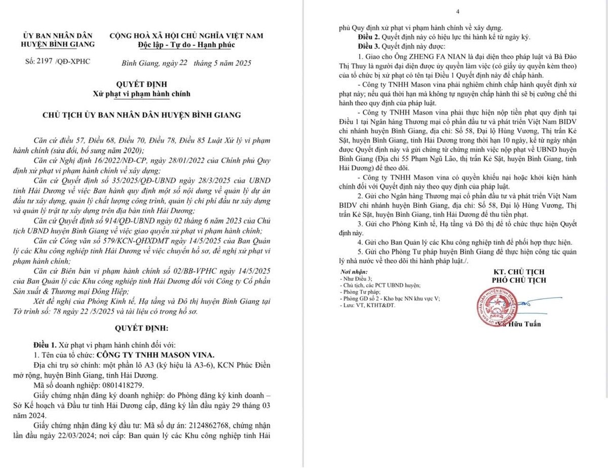 Với 7 hành vi vi phạm xây dựng, Công ty TNHH Mason Vina đã bị xử phạt vi phạm hành chính tổng số tiền 910 triệu đồng. Với 7 hành vi vi phạm xây dựng, Công ty TNHH Mason Vina đã bị xử phạt vi phạm hành chính tổng số tiền 910 triệu đồng.