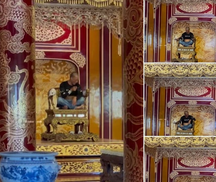 Hình ảnh người đàn ông ngồi lên Ngai vua triều Nguyễn và quậy phá. Ảnh: M.X.H. Hình ảnh người đàn ông ngồi lên Ngai vua triều Nguyễn và quậy phá. Ảnh: M.X.H.
