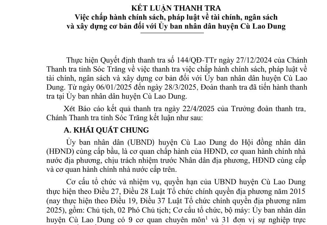 Từ ngày 6/1/2025 đến ngày 28/3/2025, Thanh tra tỉnh Sóc Trăng đã tiến hành thanh tra việc chấp hành chính sách, pháp luật về tài chính, ngân sách và xây dựng cơ bản đối với UBND huyện Cù Lao Dung, trong giai đoạn 2023-2024. Ảnh: KA. Từ ngày 6/1/2025 đến ngày 28/3/2025, Thanh tra tỉnh Sóc Trăng đã tiến hành thanh tra việc chấp hành chính sách, pháp luật về tài chính, ngân sách và xây dựng cơ bản đối với UBND huyện Cù Lao Dung, trong giai đoạn 2023-2024. Ảnh: KA.