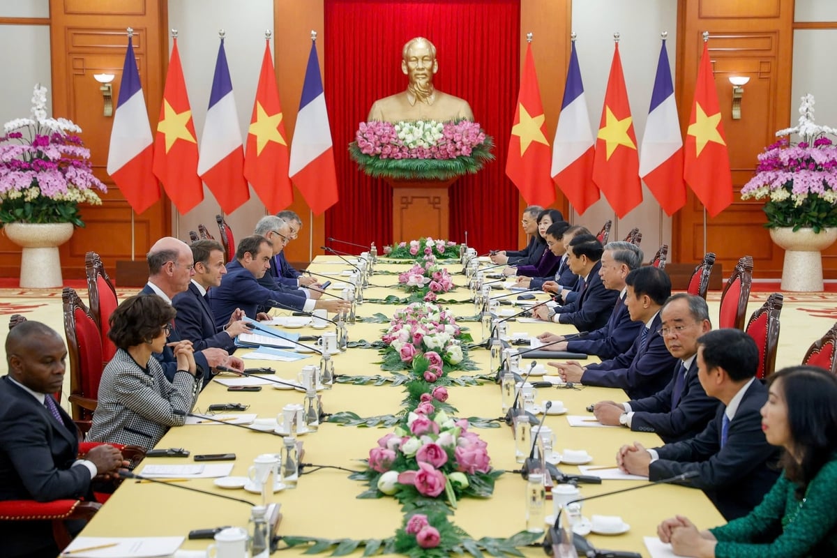 Tổng Bí thư Tô Lâm đã hội kiến Tổng thống Pháp Emmanuel Macron nhân chuyến thăm cấp Nhà nước tới Việt Nam. Ảnh: Tiến Đạt.