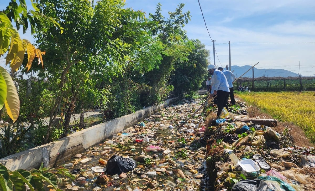 Rác thải sinh hoạt phủ kín đoạn kênh dài hơn 10m. Ảnh: Phương Chi. Rác thải sinh hoạt phủ kín đoạn kênh dài hơn 10m. Ảnh: Phương Chi.