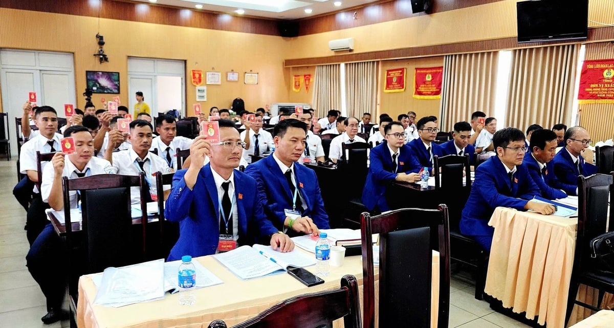 Các đồng chí đại biểu Đảng viên của Đảng bộ Công ty TNHH MTV Dịch vụ Khai thác Hải sản Biển Đông thể hiện sự thống nhất cao bằng thẻ Đảng tại Đại hội. Ảnh: Minh Sáng. Các đồng chí đại biểu Đảng viên của Đảng bộ Công ty TNHH MTV Dịch vụ Khai thác Hải sản Biển Đông thể hiện sự thống nhất cao bằng thẻ Đảng tại Đại hội. Ảnh: Minh Sáng.
