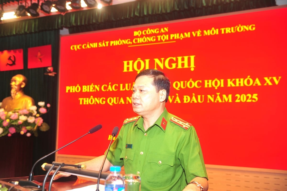 Đại tá Trần Anh Tuấn, Phó Cục trưởng Cục Cảnh sát PCTP về môi trường phát biểu tại Hội nghị. Ảnh: Nguyễn Trường.