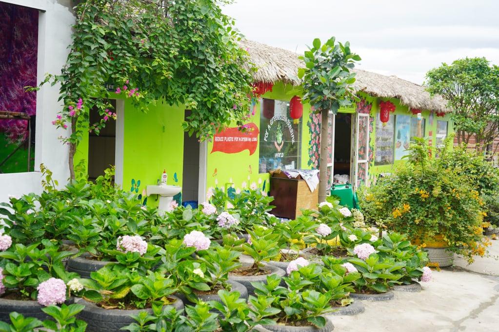 Không gian HTX Green Life Hạ Long xanh mướt bởi cây, hoa, được trồng trong những lốp xe ô tô cũ hoặc phao tàu bỏ đi. Ảnh: Hoàng Quý. Không gian HTX Green Life Hạ Long xanh mướt bởi cây, hoa, được trồng trong những lốp xe ô tô cũ hoặc phao tàu bỏ đi. Ảnh: Hoàng Quý.