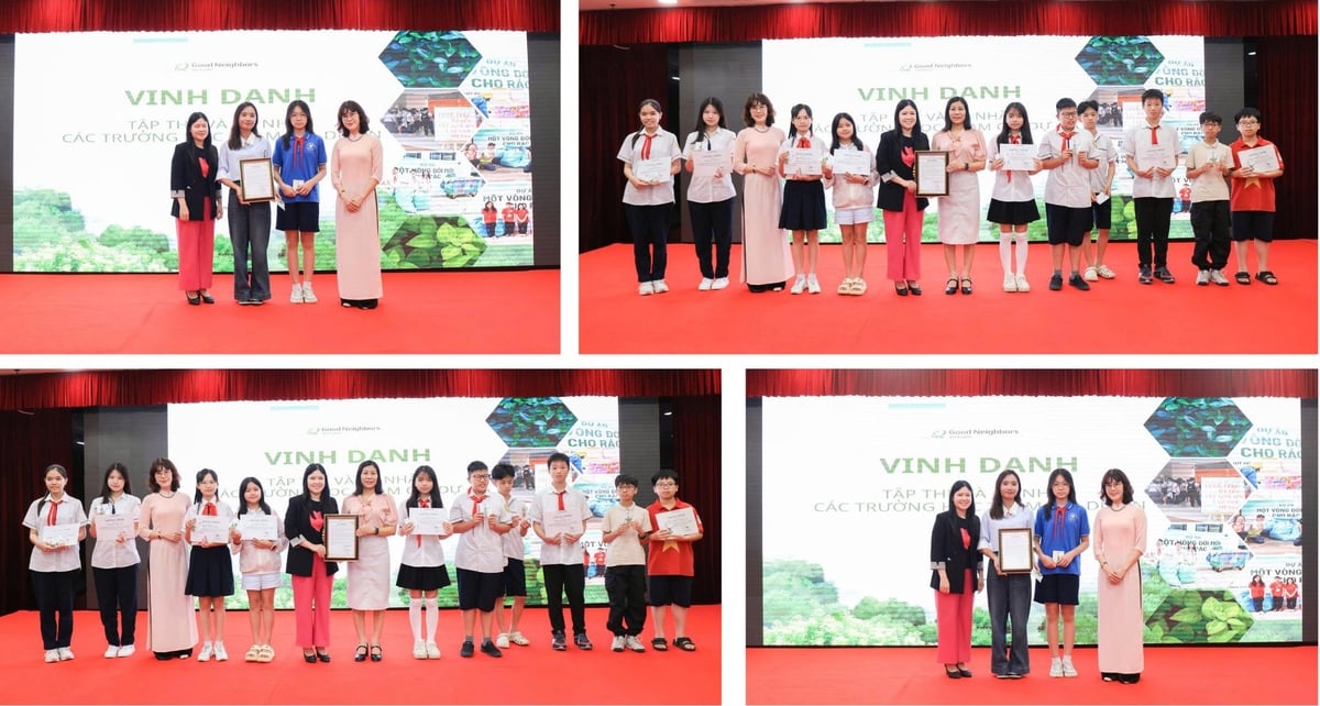 Các em học sinh của các trường THCS được vinh danh tại Lễ Tổng kết dự án 'Một vòng đời mới cho rác' 2025. Ảnh: GNI.
