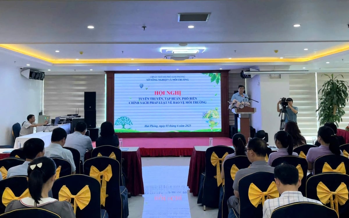 Ông Phạm Minh Thành - Phó Giám đốc Sở Nông nghiệp và Môi trường Hải Phòng chia sẻ về sự cần thiết trong việc tập huấn kiến thức pháp luật về môi trường cho doanh nghiệp. Ảnh: Đinh Mười.