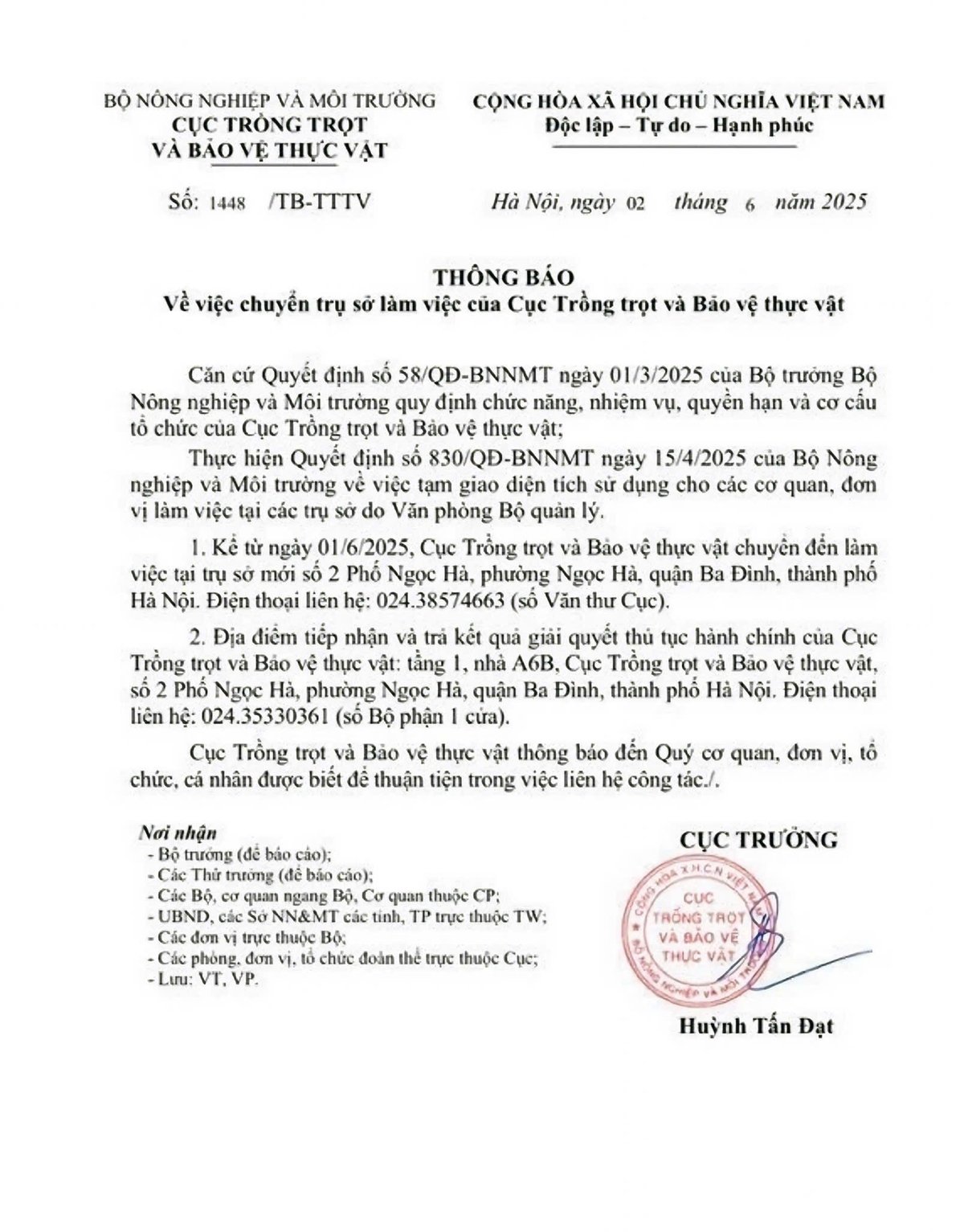 Thông báo về việc chuyển trụ sở làm việc của Cục Trồng trọt và Bảo vệ thực vật. Ảnh: CTTVBVTV.