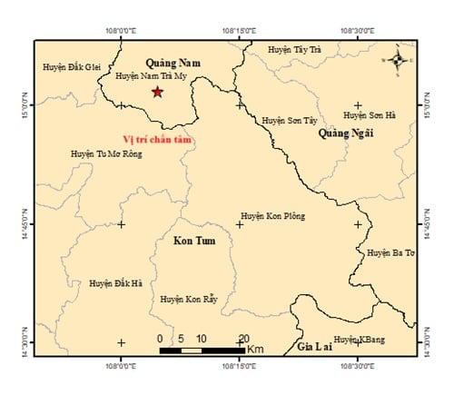 Bản đồ chấn tâm động đất mạnh 3.0 tại huyện Nam Trà My, tỉnh Quảng Nam sáng 4/6. Ảnh: Trung tâm báo tin động đất và cảnh báo sóng thần. Bản đồ chấn tâm động đất mạnh 3.0 tại huyện Nam Trà My, tỉnh Quảng Nam sáng 4/6. Ảnh: Trung tâm báo tin động đất và cảnh báo sóng thần.