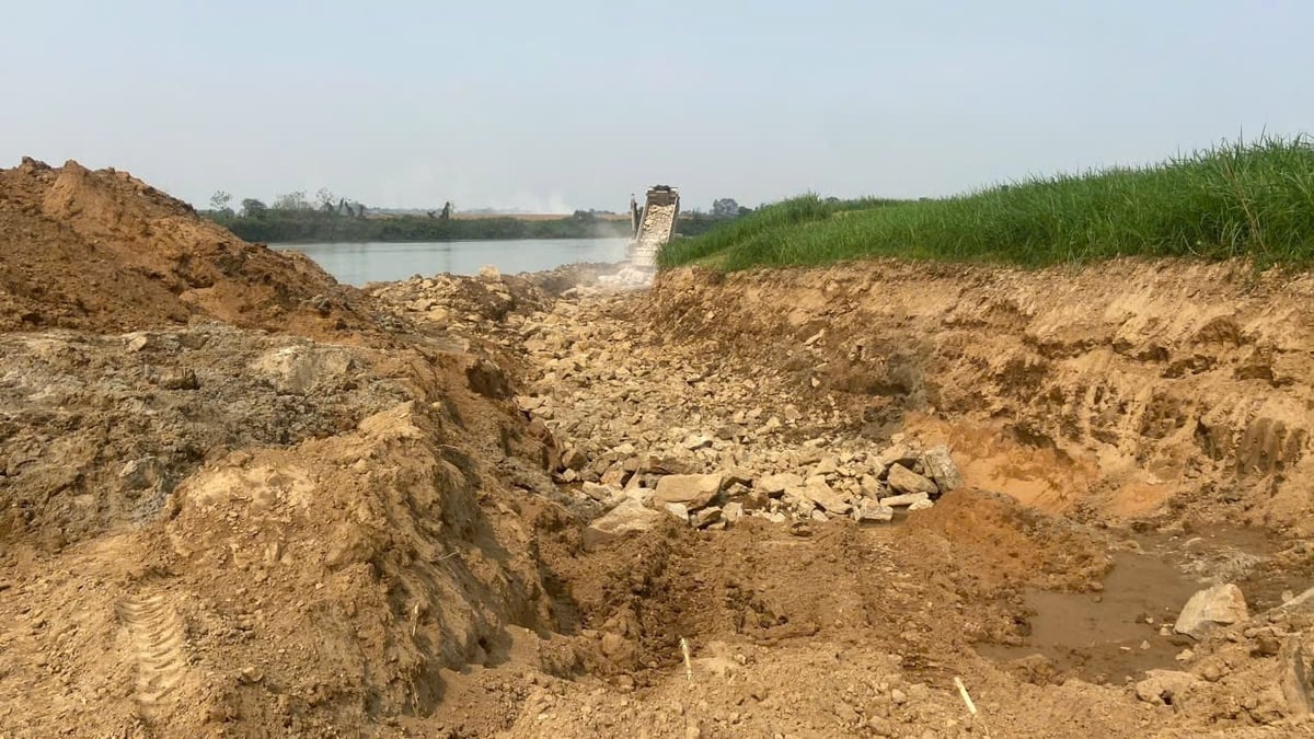 Bờ sông Mã, đoạn chạy qua thôn Giang Đông, Nghĩa Kỳ (xã Vĩnh Hòa) đang được gia cố. Ảnh: Quốc Toản.