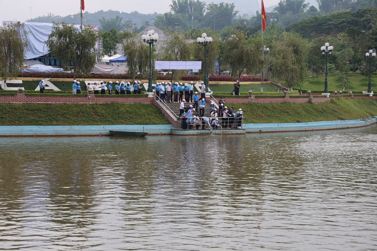 Thả cá hưởng ứng Ngày Môi trường thế giới tại Ao cá Bác Hồ. Ảnh: Nguyễn Nga.