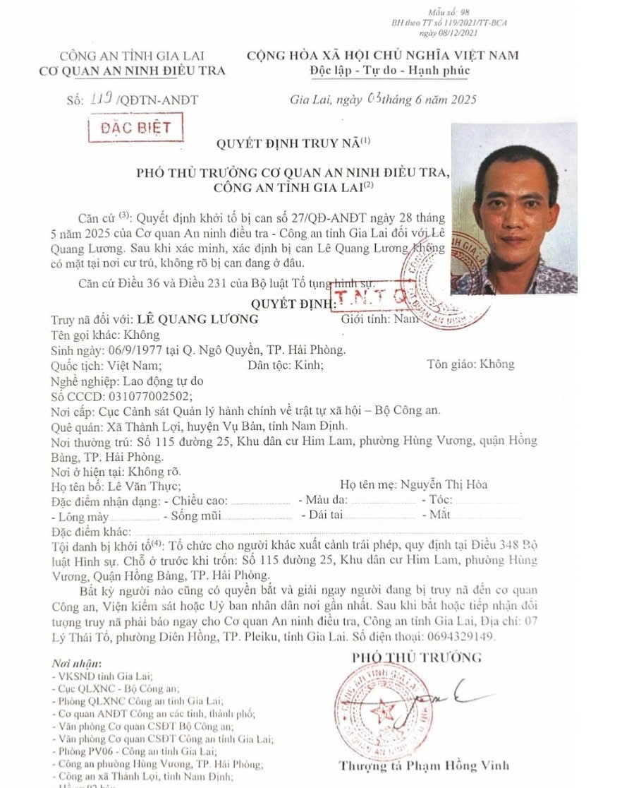 Cơ quan An ninh điều tra, Công an tỉnh Gia Lai phát lệnh truy nã đặc biệt đối tượng Lê Quang Lương. Cơ quan An ninh điều tra, Công an tỉnh Gia Lai phát lệnh truy nã đặc biệt đối tượng Lê Quang Lương.