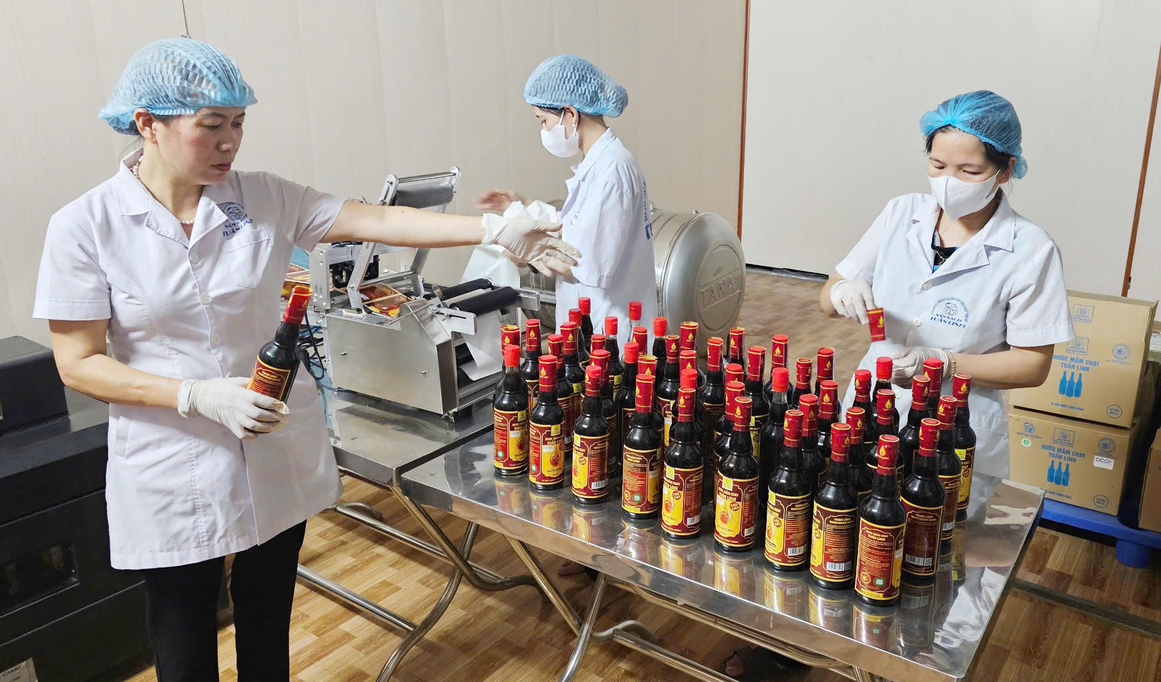 Sản xuất nước mắm chay, sản phẩm OCOP 5 sao tại Hợp tác xã Tuấn Linh. Ảnh: T. Phùng. Sản xuất nước mắm chay, sản phẩm OCOP 5 sao tại Hợp tác xã Tuấn Linh. Ảnh: T. Phùng.