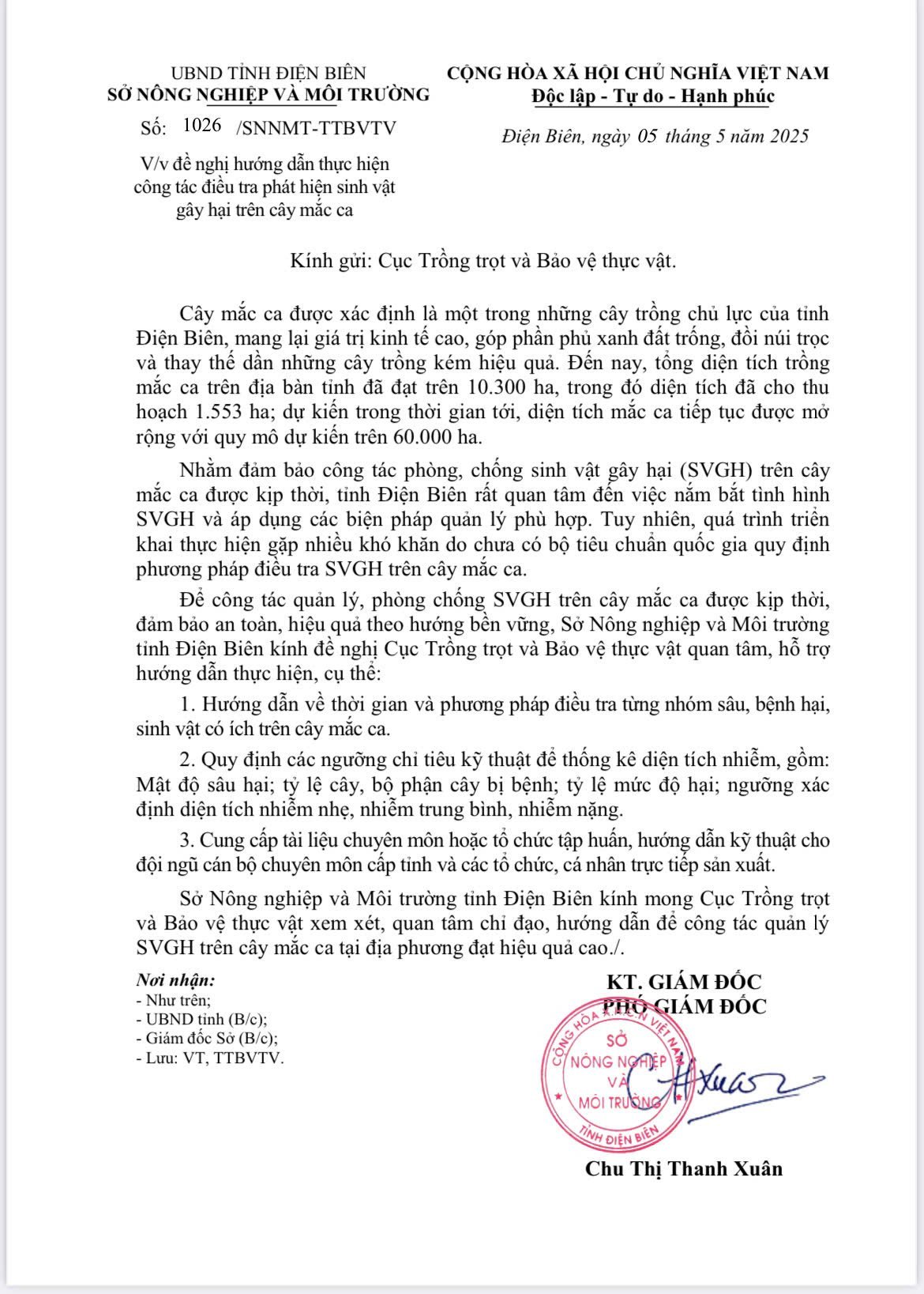 Sở Nông nghiệp và Môi trường tỉnh Điện Biên đề nghị hướng dẫn thực hiện công tác điều tra, phát hiện sinh vật gây hại trên cây mắc ca. Sở Nông nghiệp và Môi trường tỉnh Điện Biên đề nghị hướng dẫn thực hiện công tác điều tra, phát hiện sinh vật gây hại trên cây mắc ca.
