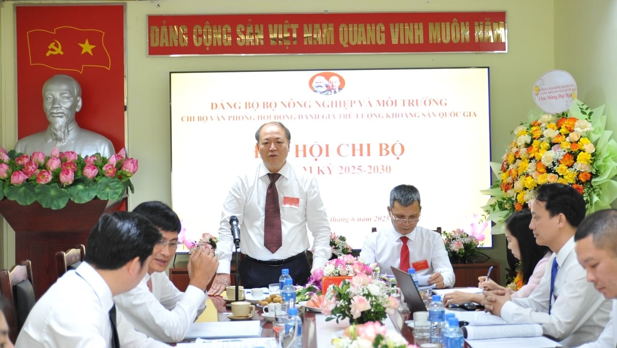 Đồng chí Nguyễn Trường Giang - Bí thư Chi bộ, Chánh Văn phòng Hội đồng đánh giá trữ lượng khoáng sản quốc gia phát biểu tại Đại hội. Ảnh: Lan Chi.