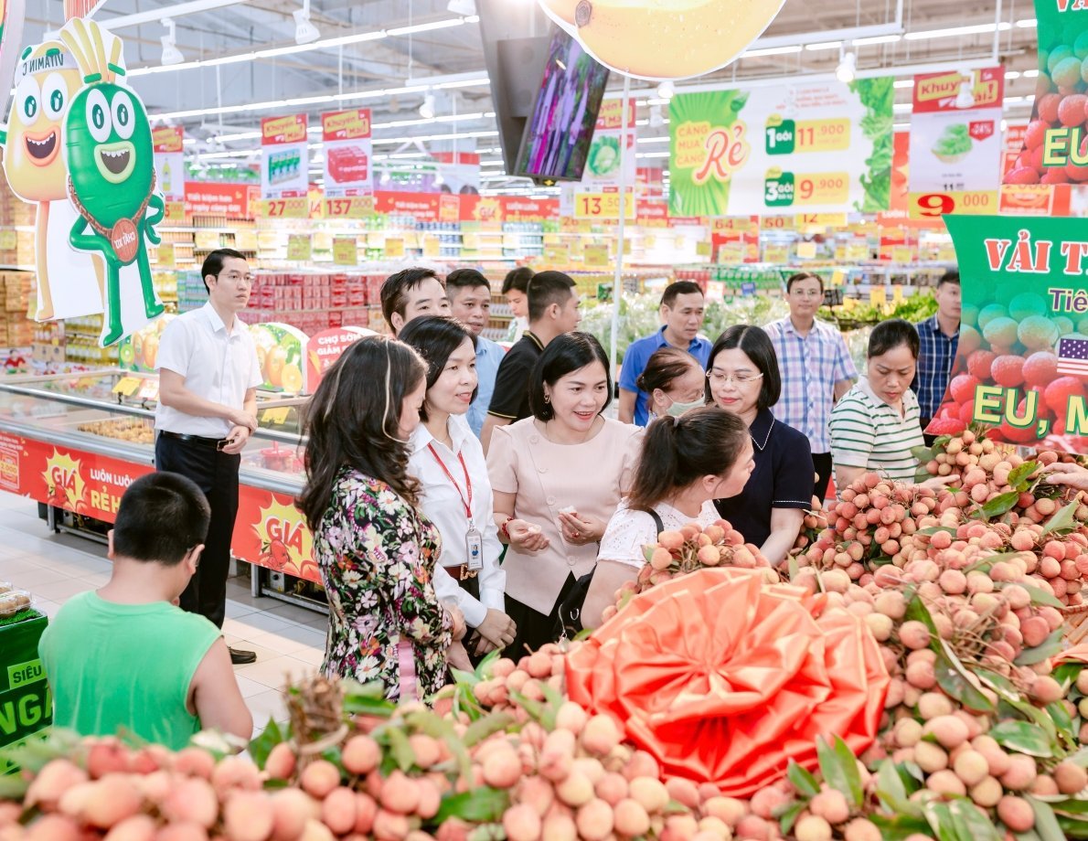 Nhiều người dân quan tâm và mua vải thiều Thanh Hà ngay sau khi lễ khai trương diễn ra. Ảnh: Đinh Mười.