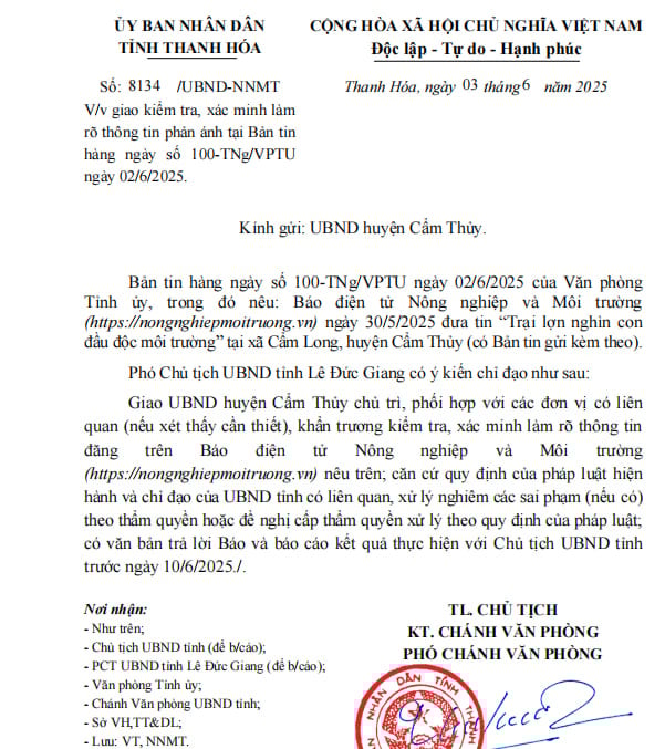 UBND tỉnh Thanh Hóa ra văn bản chỉ đạo sau khi Báo Nông nghiệp và Môi trường phản ánh về tình trạng trại lợn của ông Nguyễn Quốc Chính xả thải ra môi trường. Ảnh: Quốc Toản. UBND tỉnh Thanh Hóa ra văn bản chỉ đạo sau khi Báo Nông nghiệp và Môi trường phản ánh về tình trạng trại lợn của ông Nguyễn Quốc Chính xả thải ra môi trường. Ảnh: Quốc Toản.