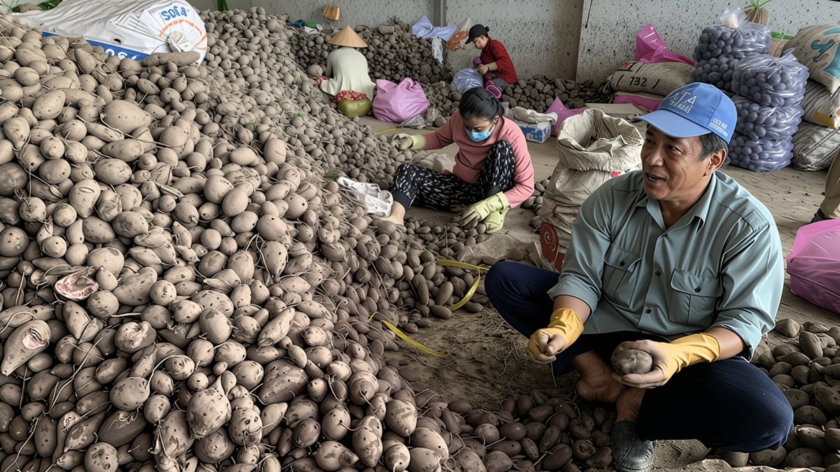 Công nhân tại vựa thu mua đang phân loại, loại bỏ những củ khoai kém chất lượng. Ảnh: Hồ Thảo. Công nhân tại vựa thu mua đang phân loại, loại bỏ những củ khoai kém chất lượng. Ảnh: Hồ Thảo.