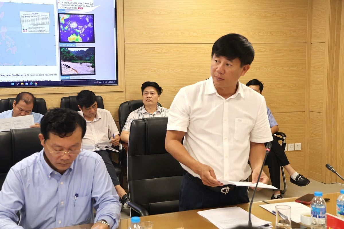 Ông Phạm Đức Luận, Cục trưởng Cục Quản lý đê điều và Phòng chống thiên tai thông tin tại cuộc họp. Ảnh: Trung Nguyên.