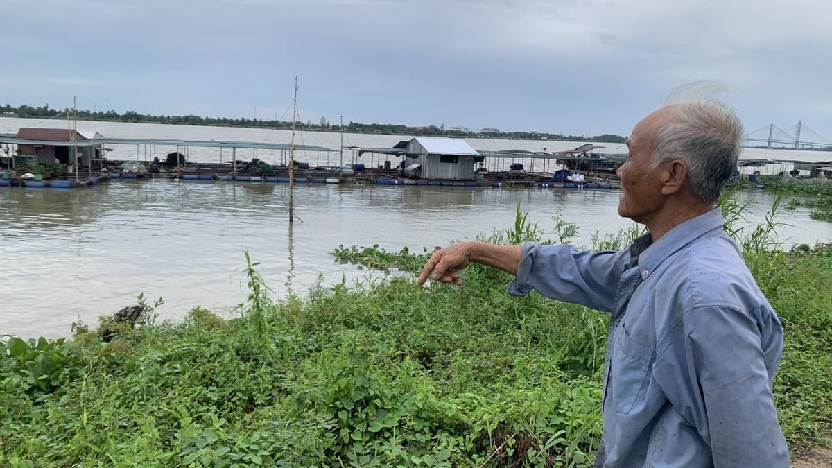 Ông Lượm lo sợ phần đất còn lại của gia đình sẽ bị nước cuốn trôi vì chưa có giải pháp lâu dài để ngăn sạt lở. Ảnh: Hồ Thảo. Ông Lượm lo sợ phần đất còn lại của gia đình sẽ bị nước cuốn trôi vì chưa có giải pháp lâu dài để ngăn sạt lở. Ảnh: Hồ Thảo.
