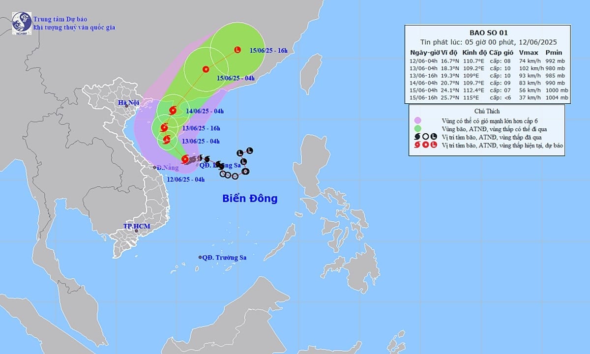 Dự báo hướng di chuyển của cơn bão số 1 năm 2025 trên Biển Đông. Ảnh: TT KTTV Quốc gia Dự báo hướng di chuyển của cơn bão số 1 năm 2025 trên Biển Đông. Ảnh: TT KTTV Quốc gia