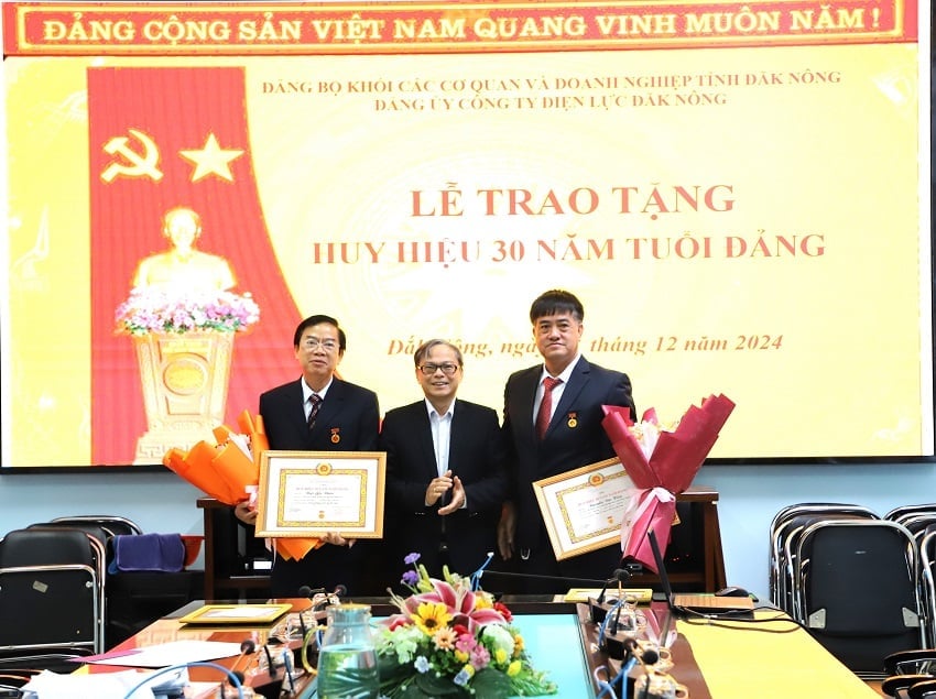Ông Nguyễn Thanh Phương, Giám đốc Công ty Điện lực Đắk Nông tặng bằng khen ghi nhận quá trình phấn đấu, cống hiến, đóng góp của đảng viên, cán bộ. Ảnh: Tâm An. Ông Nguyễn Thanh Phương, Giám đốc Công ty Điện lực Đắk Nông tặng bằng khen ghi nhận quá trình phấn đấu, cống hiến, đóng góp của đảng viên, cán bộ. Ảnh: Tâm An.