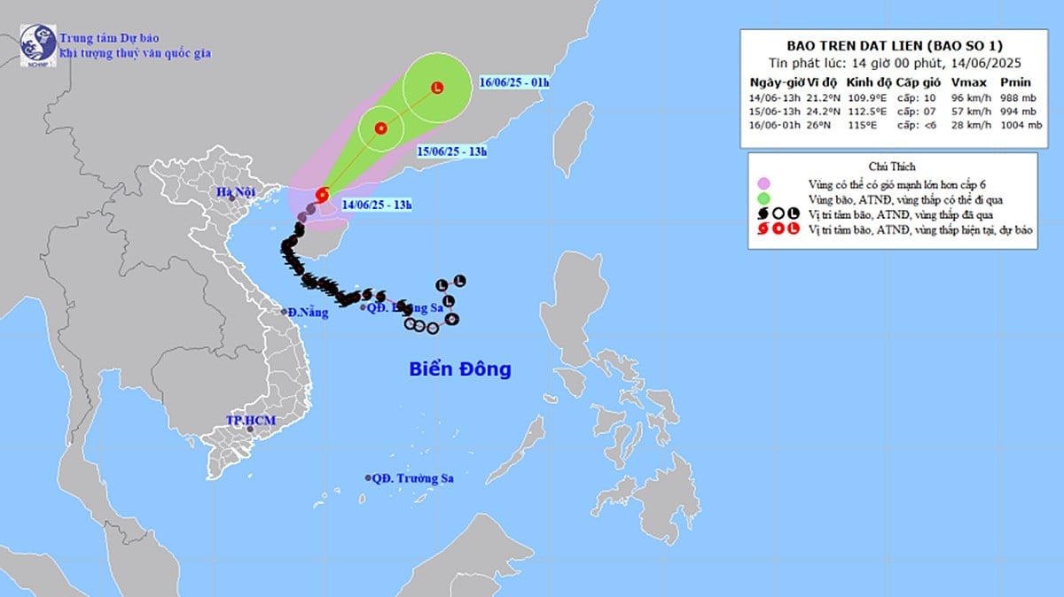 Dự báo quỹ đạo và cường độ bão số 1 lúc 14h ngày 14/6/2025. Ảnh: TT KTTV Quốc gia Dự báo quỹ đạo và cường độ bão số 1 lúc 14h ngày 14/6/2025. Ảnh: TT KTTV Quốc gia