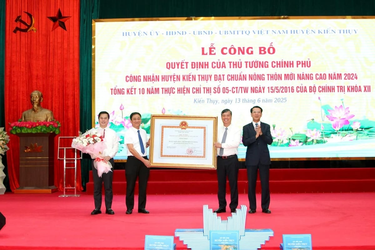 Ông Đỗ Đức Hòa, Bí thư Huyện ủy Kiến Thụy (thứ 2 từ phải sang) đại diện lãnh đạo địa phương đón nhận Bằng công nhận huyện đạt chuẩn NTM nâng cao năm 2024. Ảnh: Đàm Thanh. Ông Đỗ Đức Hòa, Bí thư Huyện ủy Kiến Thụy (thứ 2 từ phải sang) đại diện lãnh đạo địa phương đón nhận Bằng công nhận huyện đạt chuẩn NTM nâng cao năm 2024. Ảnh: Đàm Thanh.