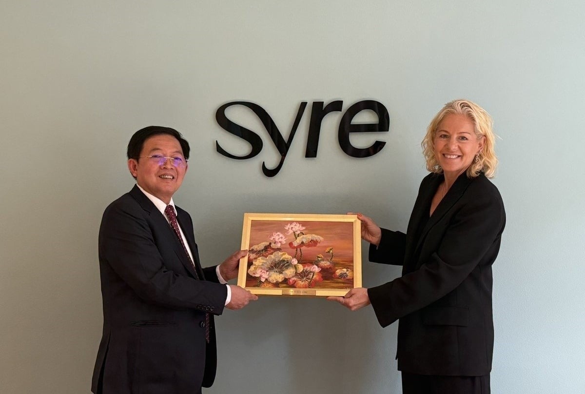 Secretary of the Binh Dinh Provincial Party Committee Ho Quoc Dung presents a souvenir to the leader of the Syre Group. Photo: SVH.