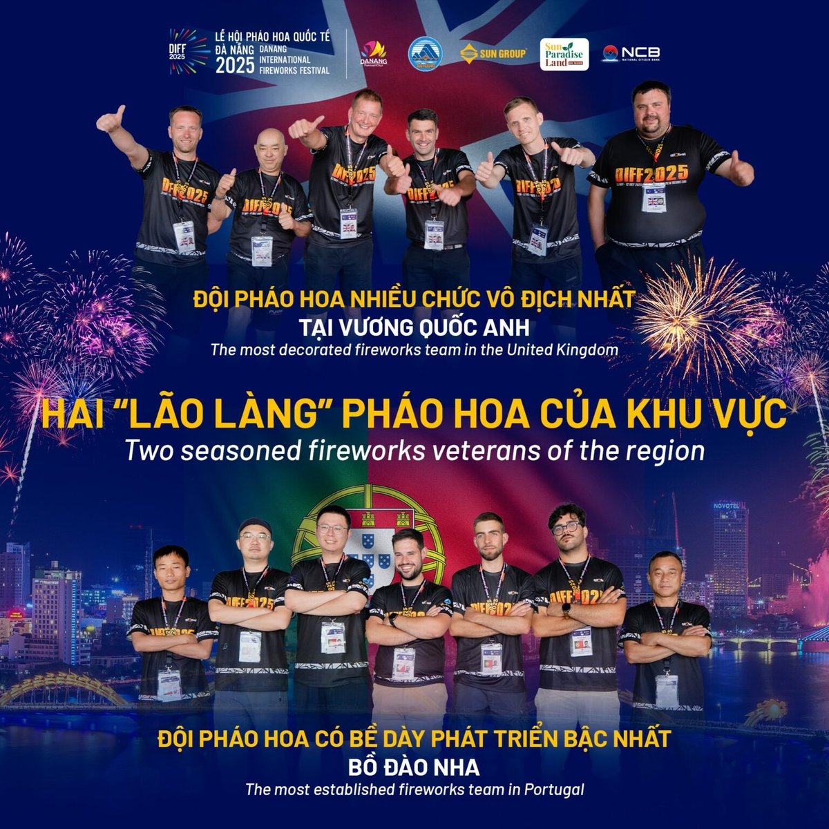 Hai đội pháo hoa kỳ cựu đến từ Vương quốc Anh và Bồ Đào Nha sẽ đối đầu tại đêm thi thứ tư DIFF 2025, hứa hẹn mang đến màn trình diễn bùng nổ trên bầu trời Đà Nẵng. Ảnh: DIFF 2025. Hai đội pháo hoa kỳ cựu đến từ Vương quốc Anh và Bồ Đào Nha sẽ đối đầu tại đêm thi thứ tư DIFF 2025, hứa hẹn mang đến màn trình diễn bùng nổ trên bầu trời Đà Nẵng. Ảnh: DIFF 2025.